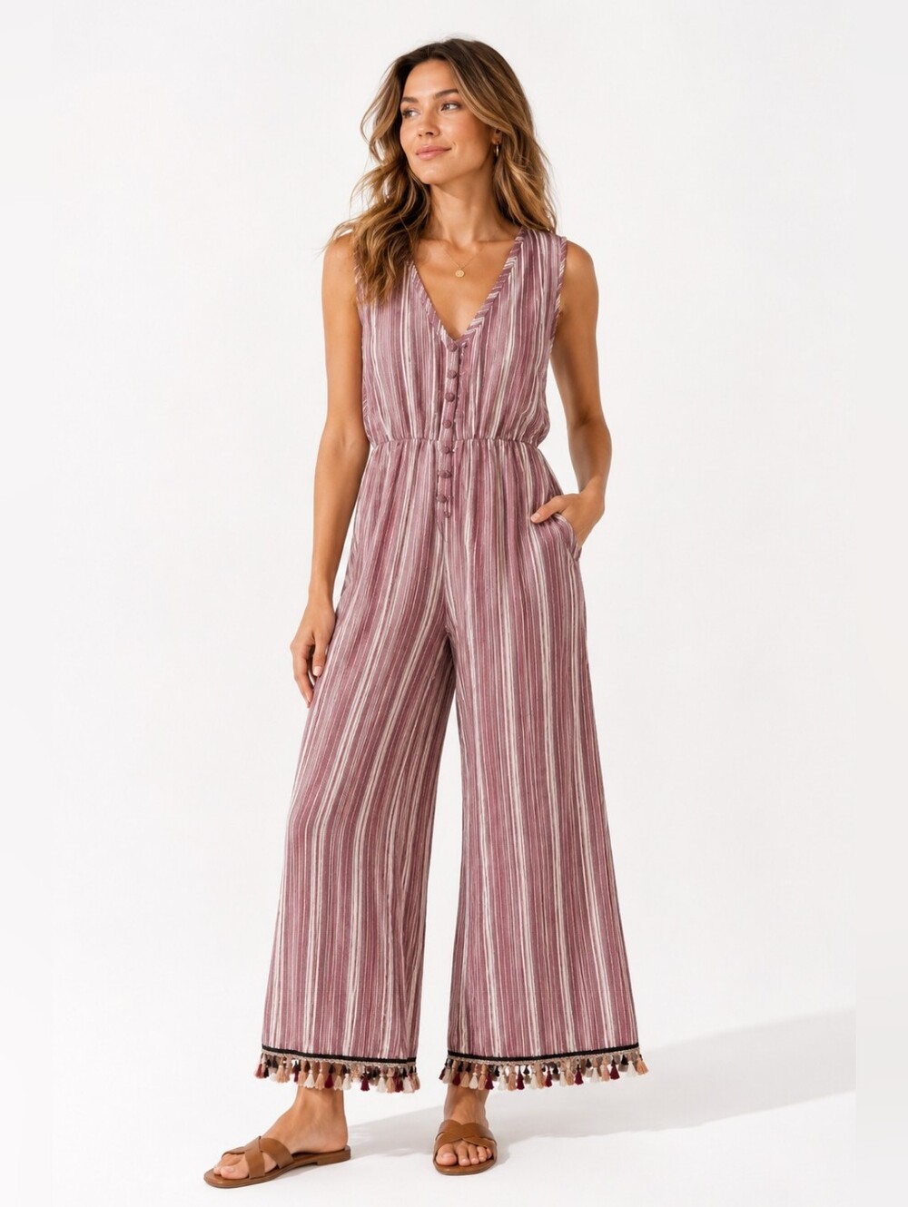 Akua by Jaase Striped Tassel Hem Cotton Jumpsuit Medium Boho Festival